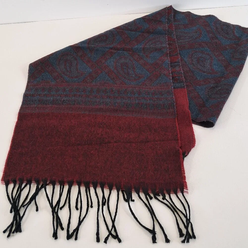 Christian Dior Cashluxe Burgundy and Blue Paisley Fringed Scarf